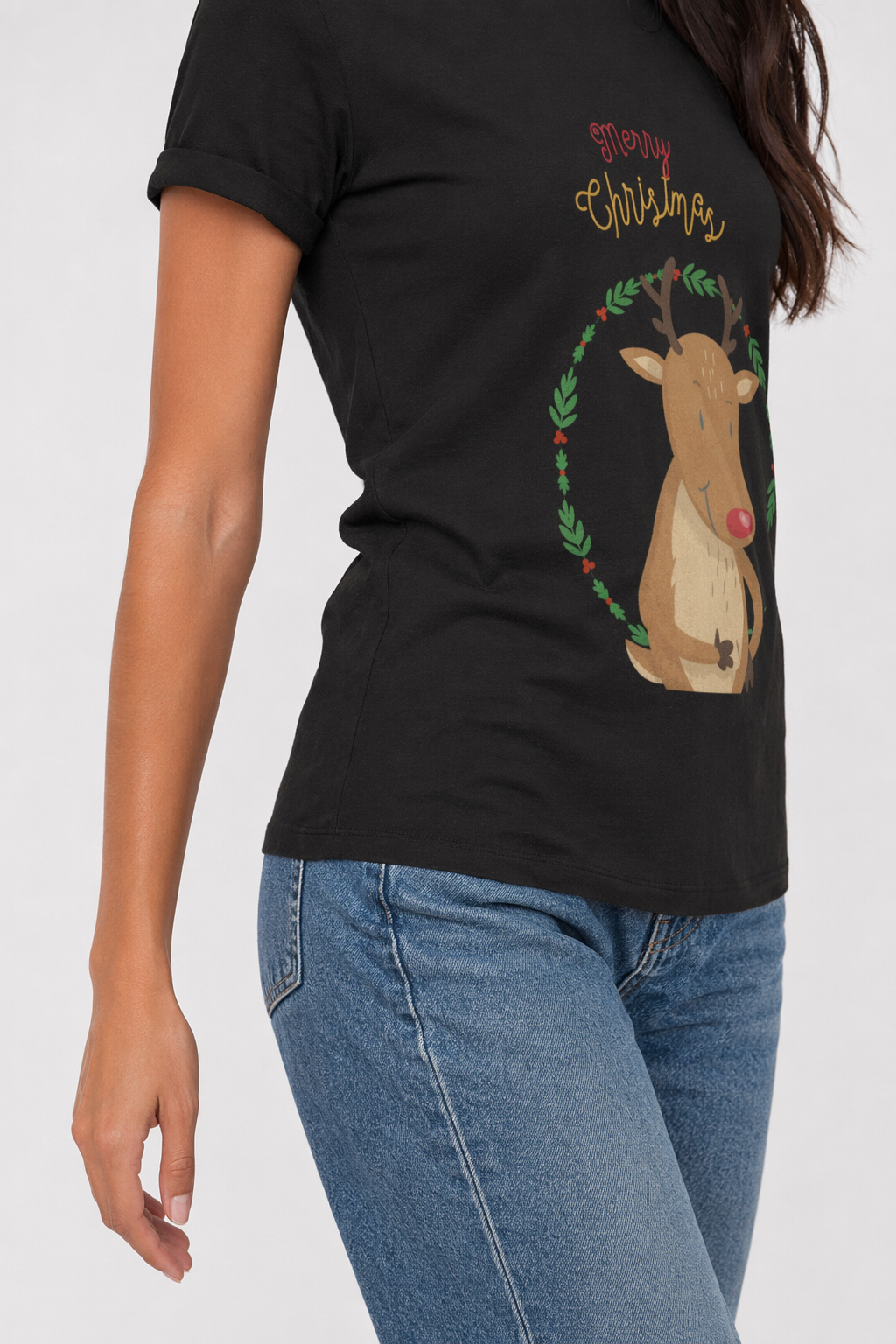Holiday Reindeer Women's Tee with Short Sleeves Black