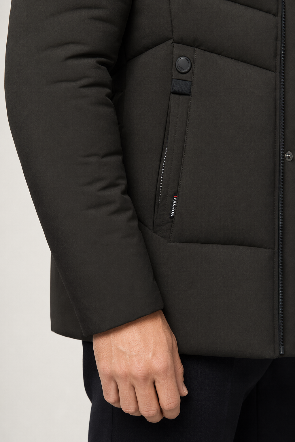Mid-Length Men's Zip-Up Jacket with Detachable Hood Army Green