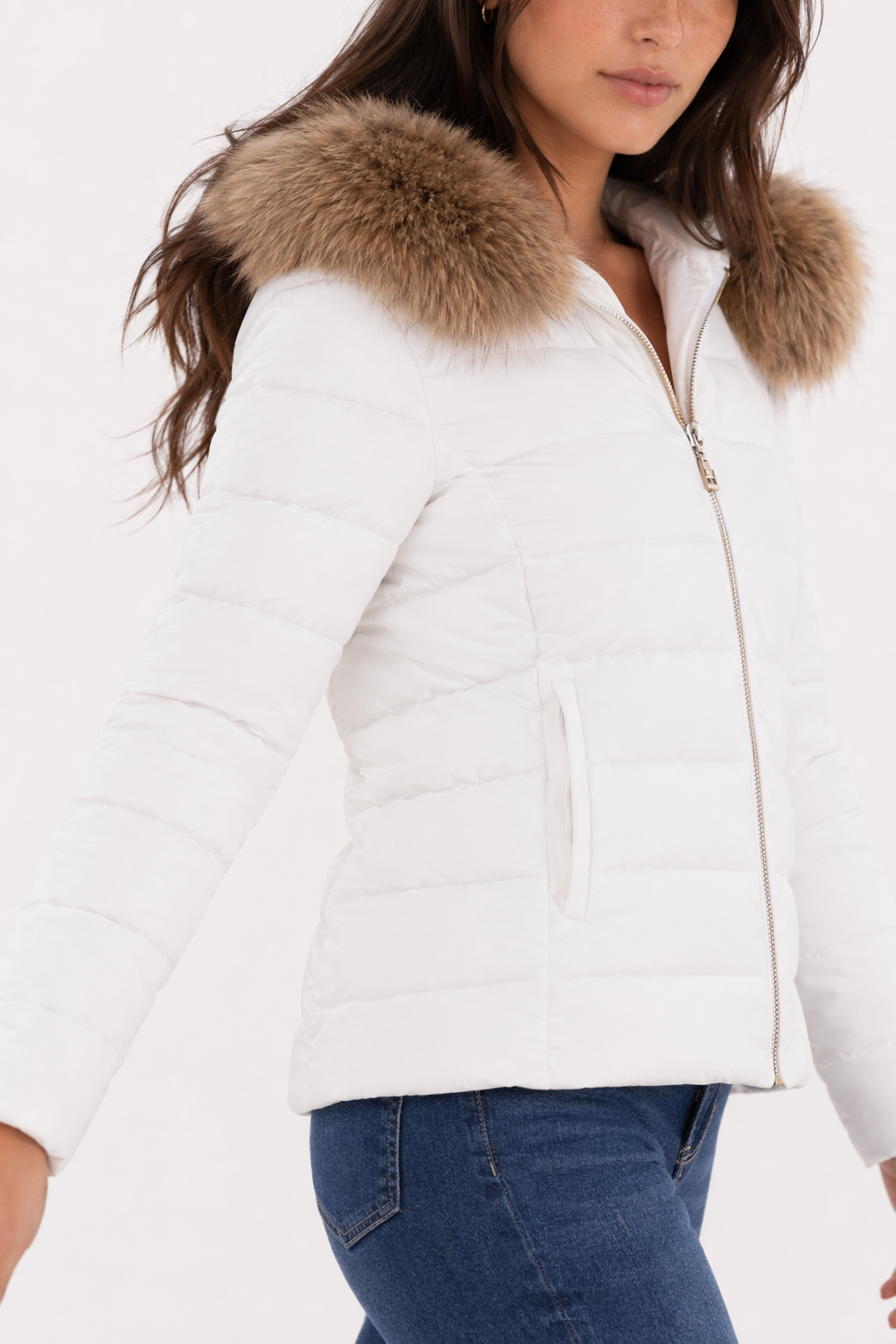 White Slim Fit Winter Hooded Short Zip-Up Jacket for Women Default