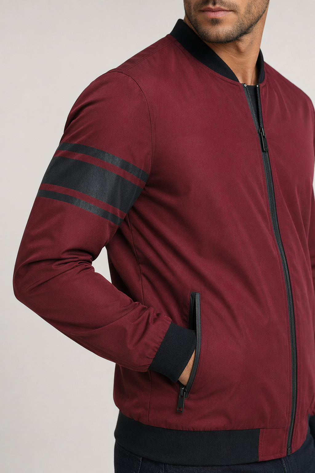 Striped Sleeve Zip-Up Bomber Jacket for Men Wine