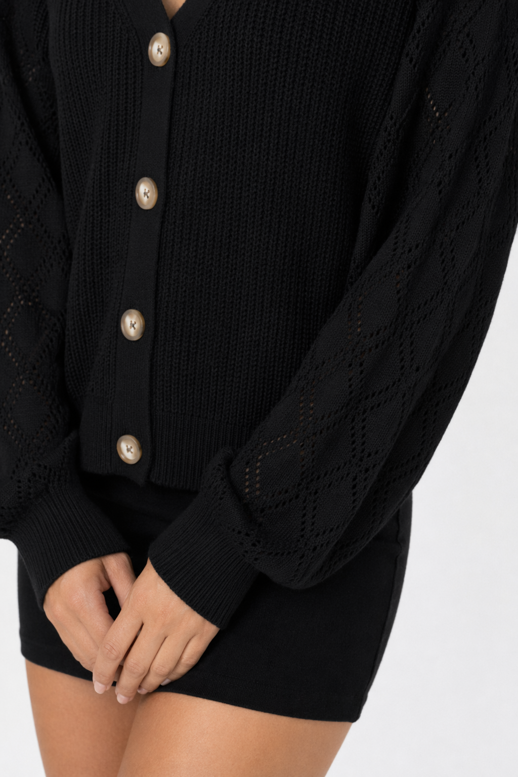 Women's Open Knit Button-Up Sweater Black