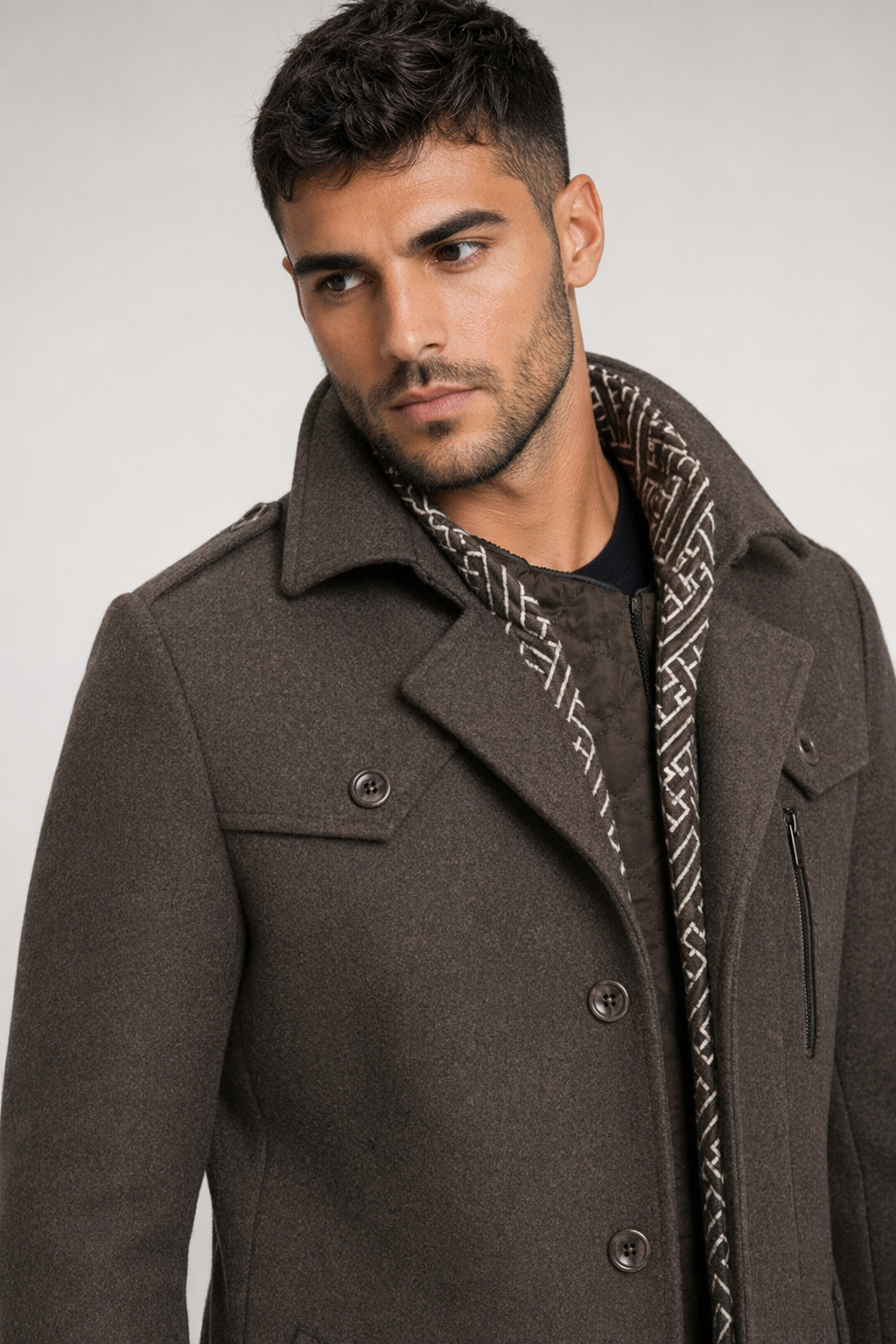 Layered Collar Mid Length Button Front Coat for Men Khaki