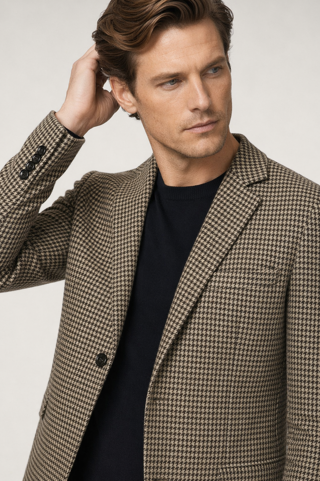 Single Breasted Houndstooth Blazer for Men Khaki