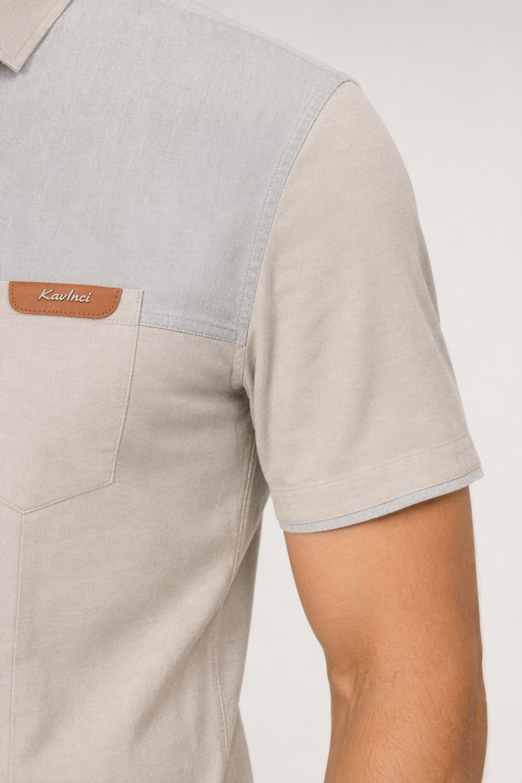Color Block Men's Denim Shirt Beige