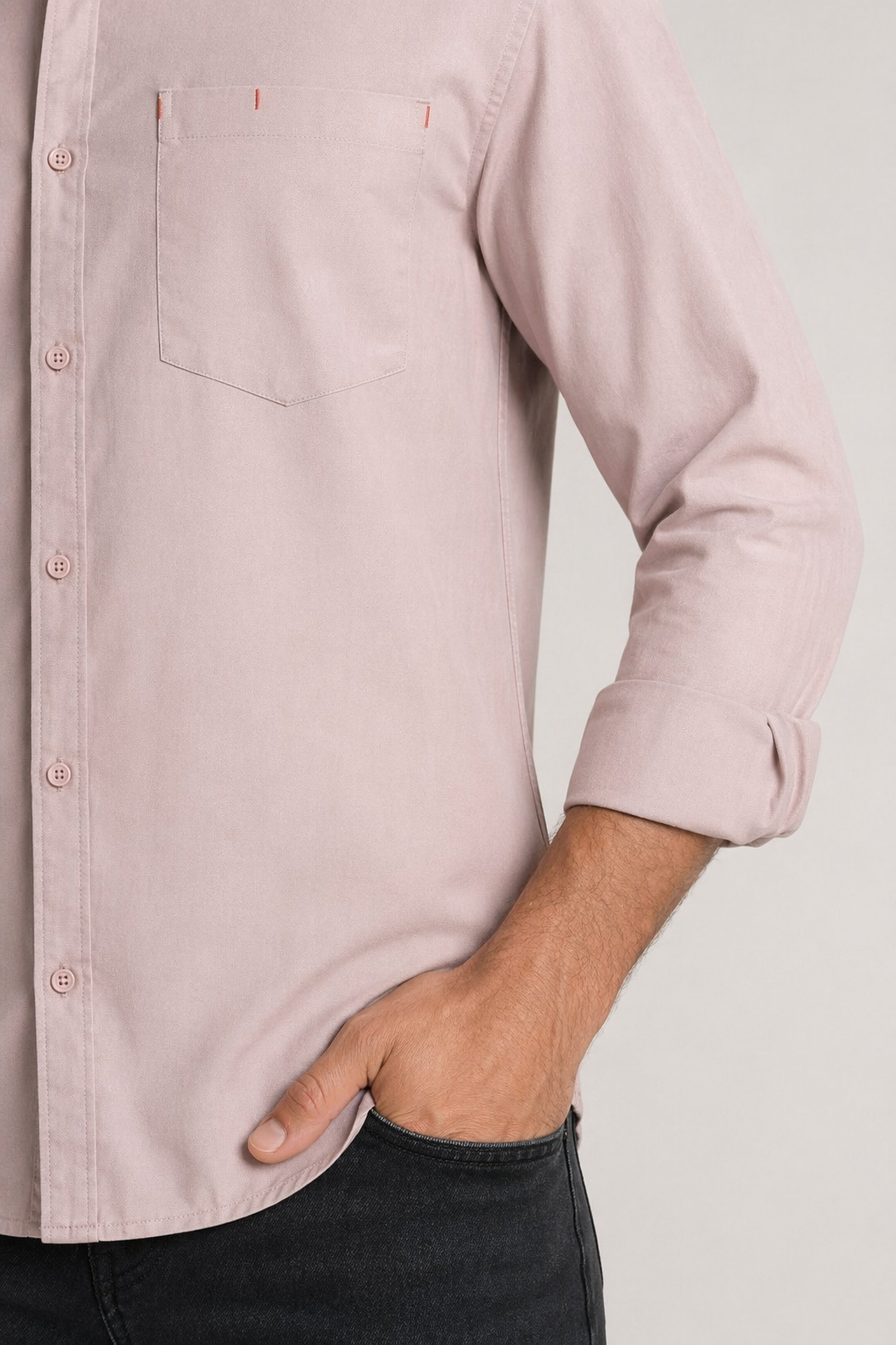 Casual Men's Shirt with Red Stitching Pink