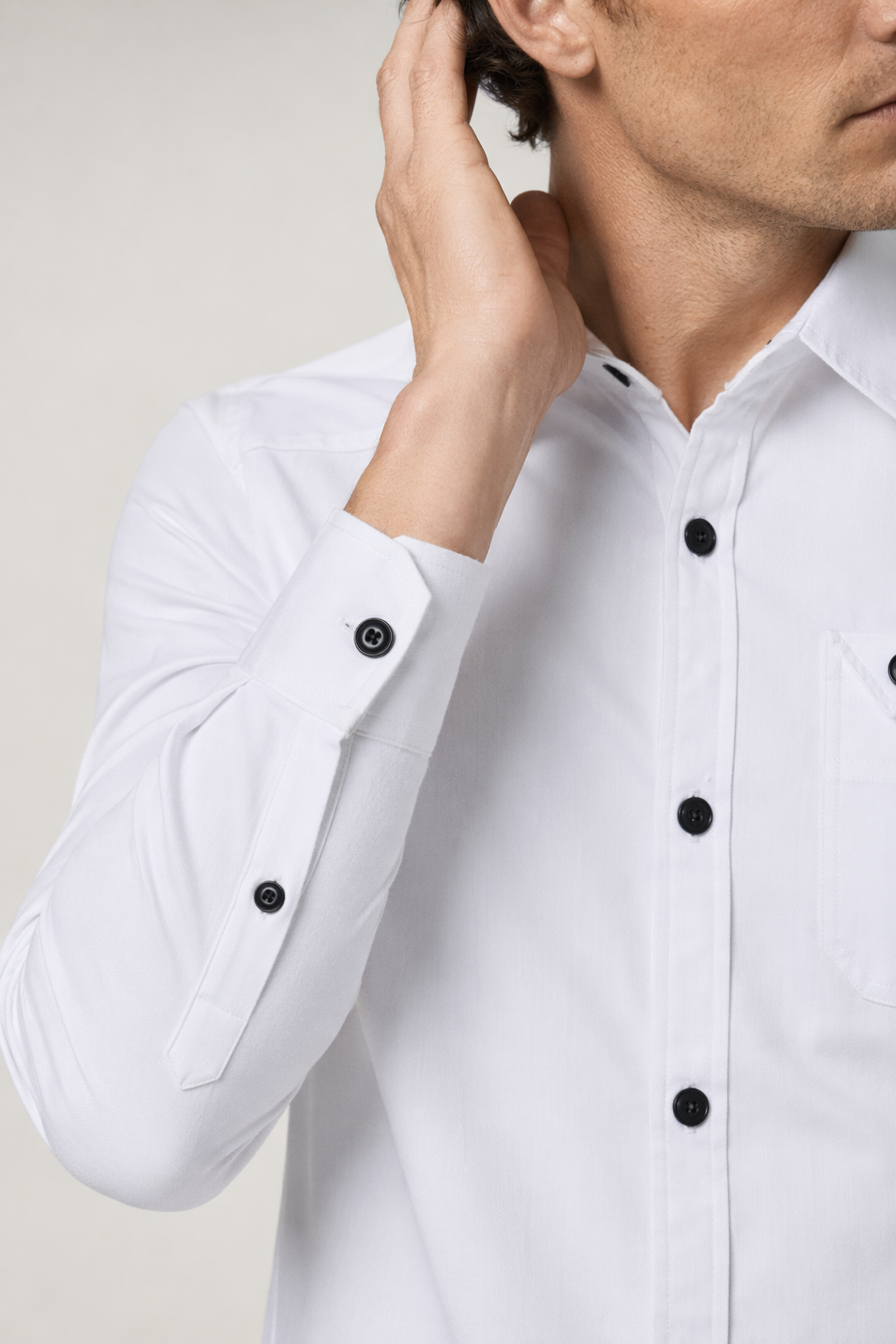 Classic White Long Sleeve Shirt with Flip Pocket and Button Front for Men White
