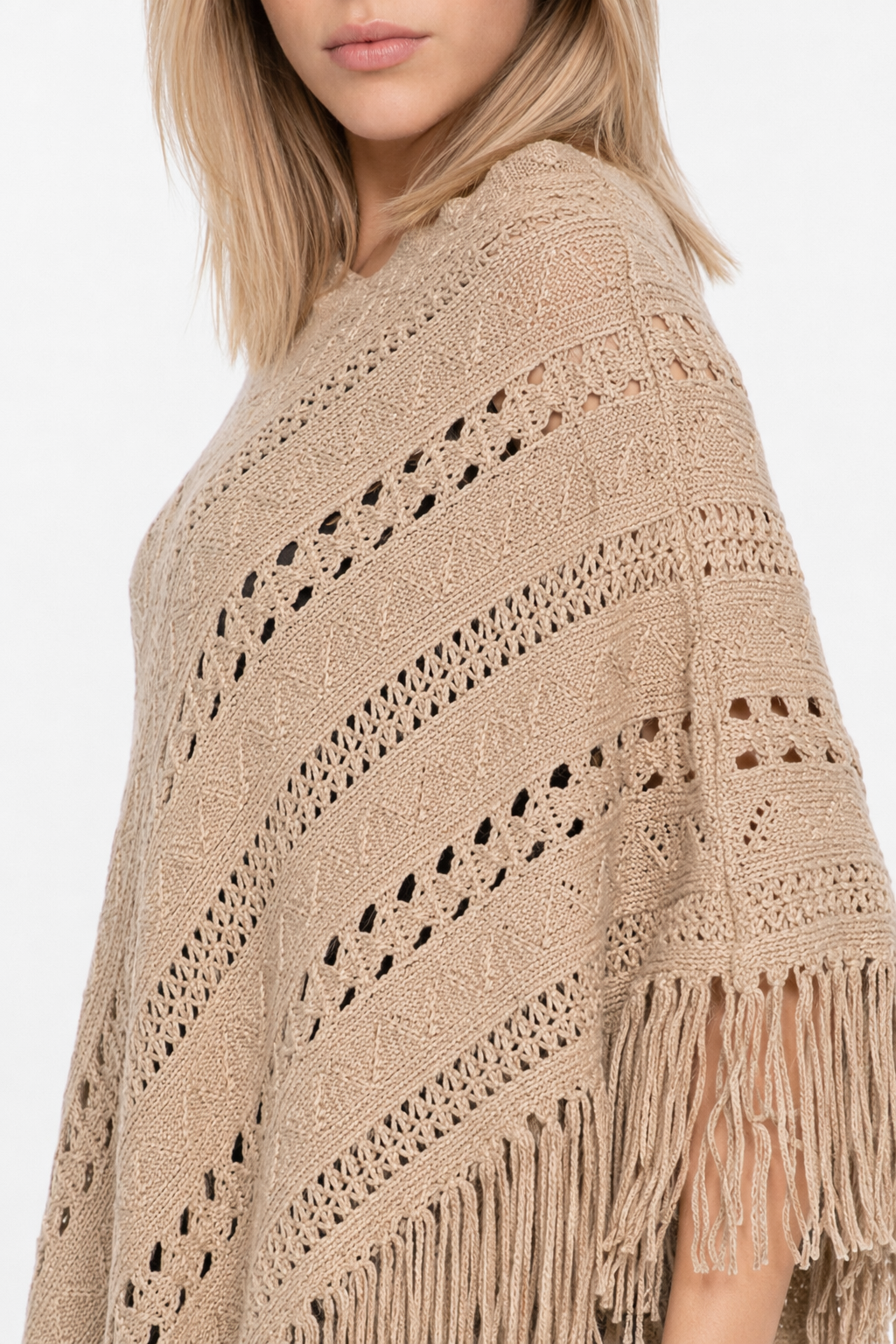 Knit Fringed Poncho for Women Khaki