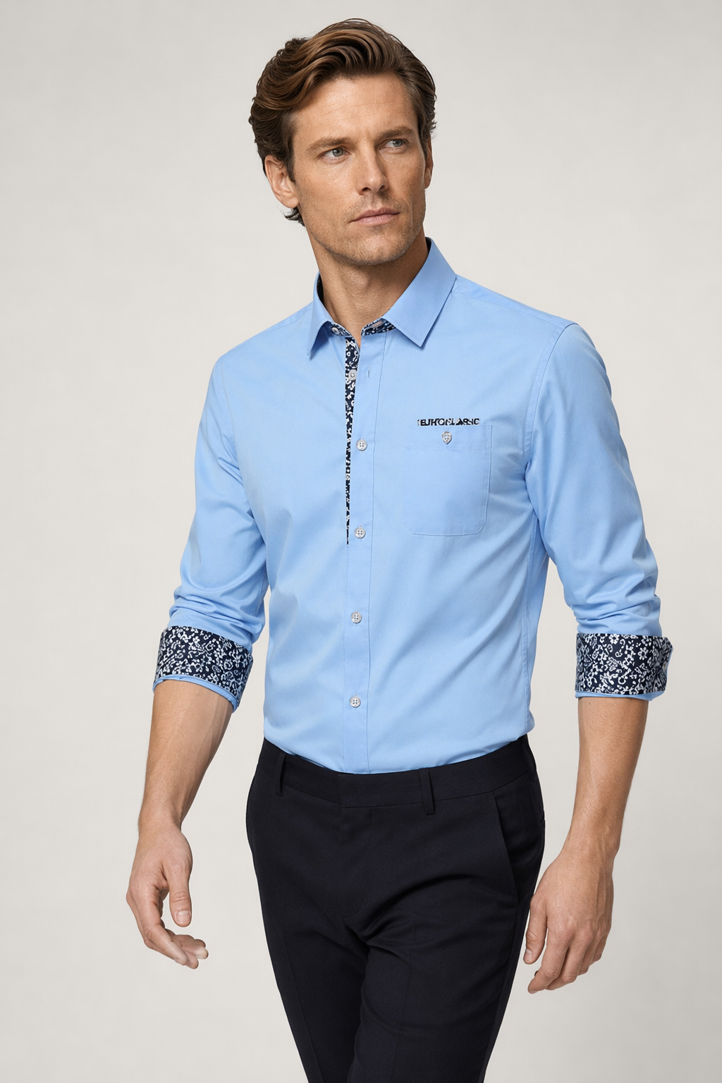 Long Sleeve Floral Button-Up Shirt for Men Blue