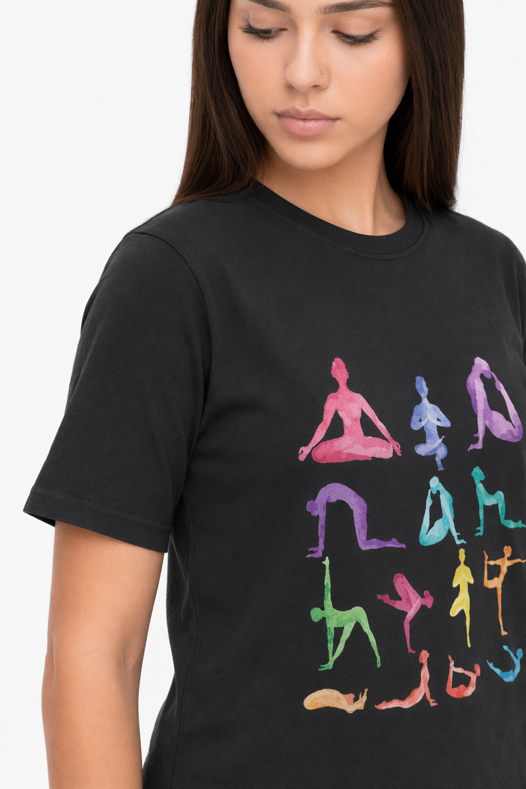 Short Sleeve Tee Featuring Yoga Postures Print Black