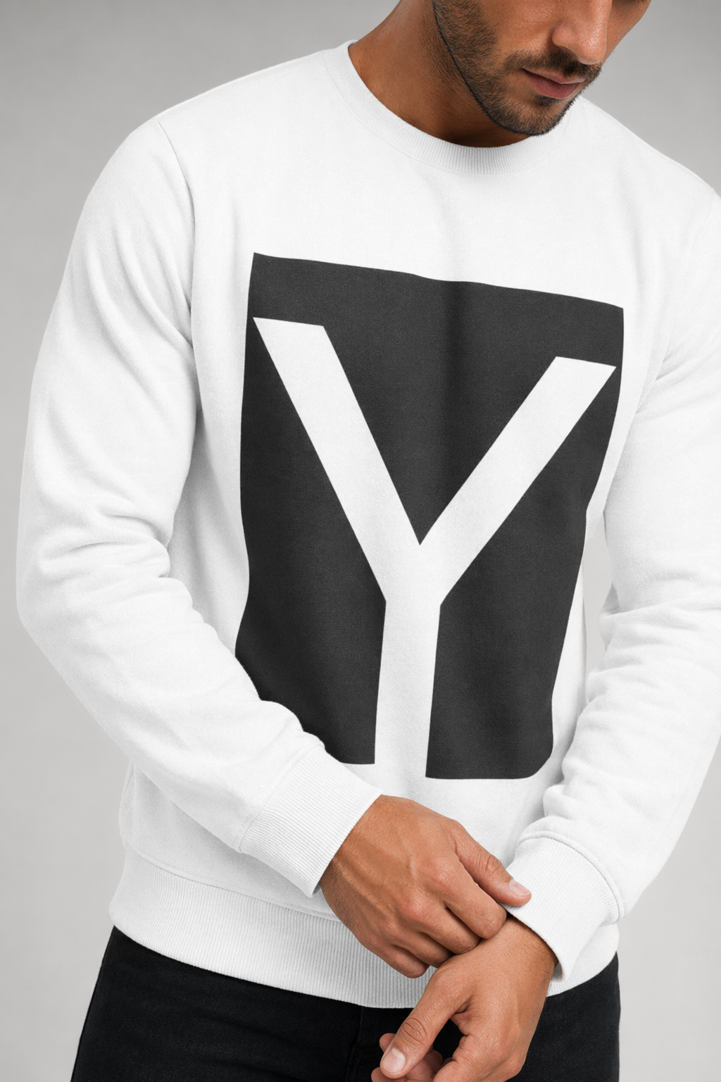 Men's Crewneck Sweatshirt with Y Logo Design White