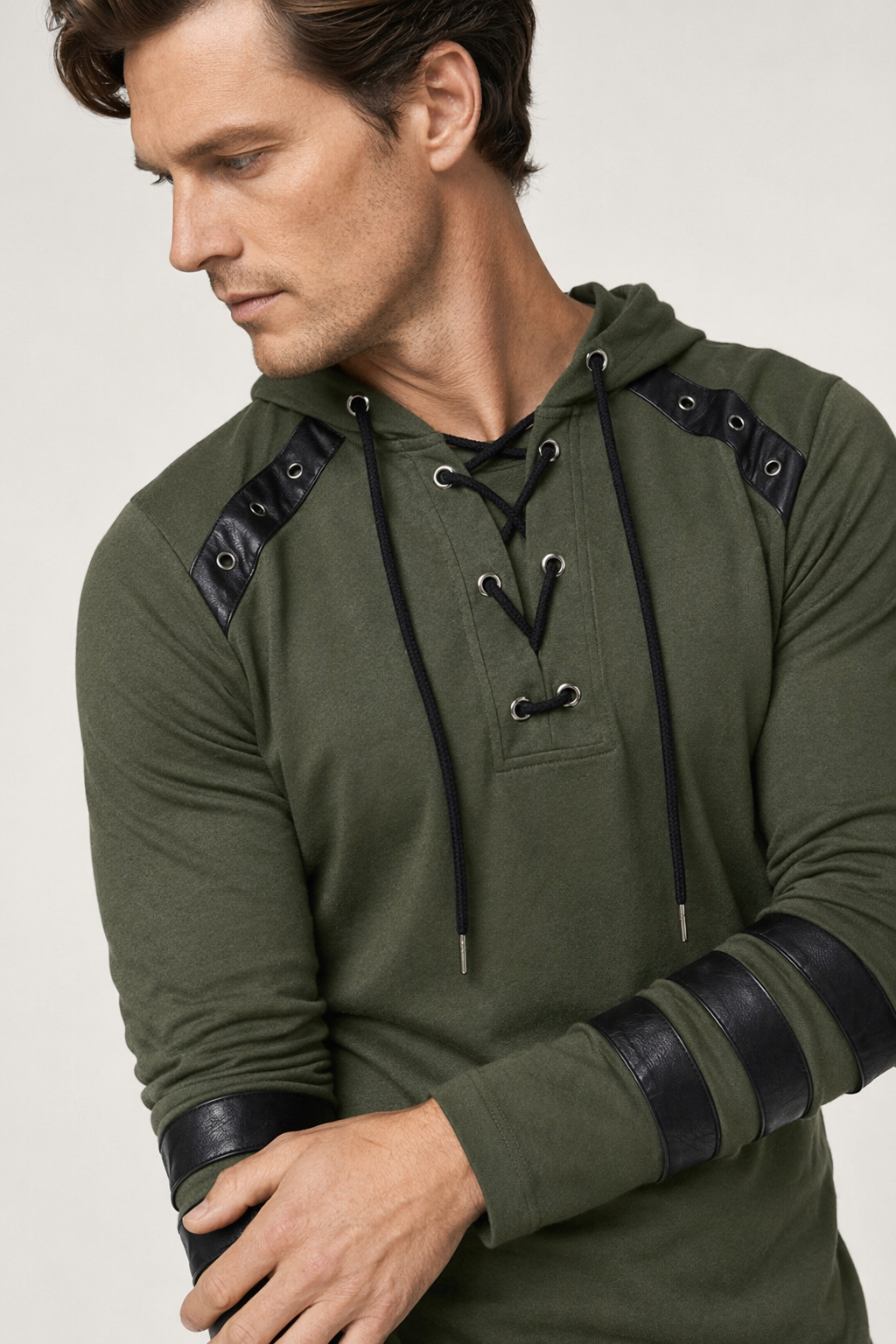 Pullover Hoodie for Men with Faux Leather Accents and Lace-Up Design Army Green