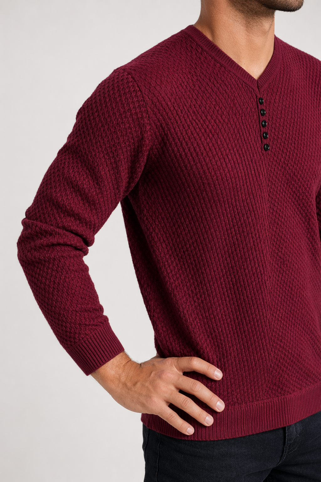 Casual V-Neck Sweater for Men with Buttoned Design Red