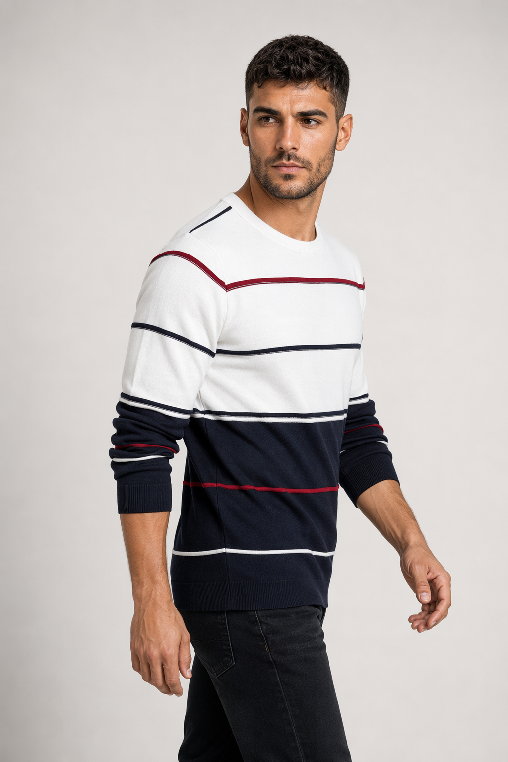 Two-Toned Striped Men's Sweater with Round Neck White