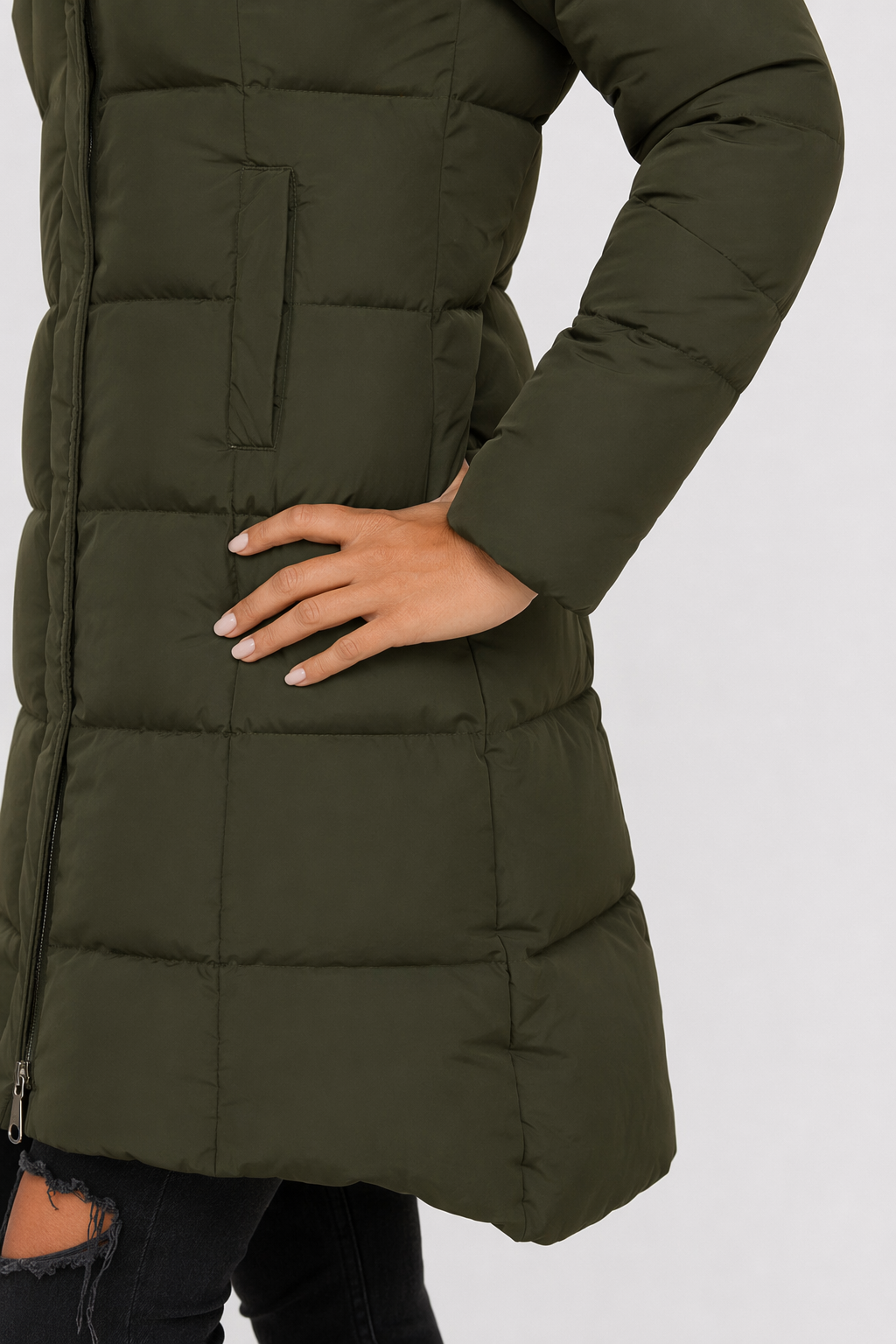 Long Hooded Puffer Jacket for Women Army Green