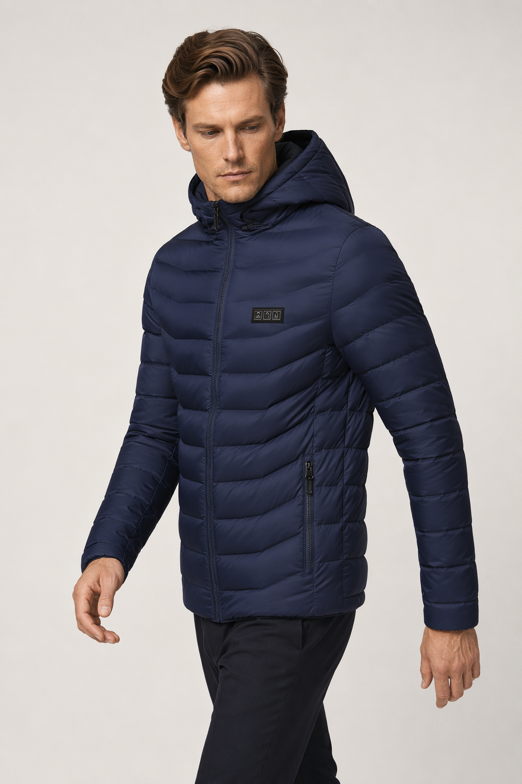 Winter Coat with Detachable Hood and USB-Powered Heating Element for Wind Resistance Navy