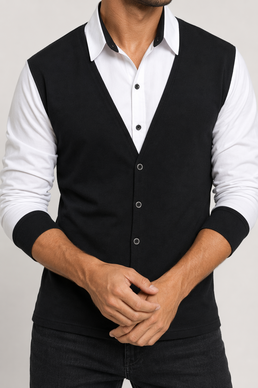 Vest-Enhanced Men's Layered Shirt Black