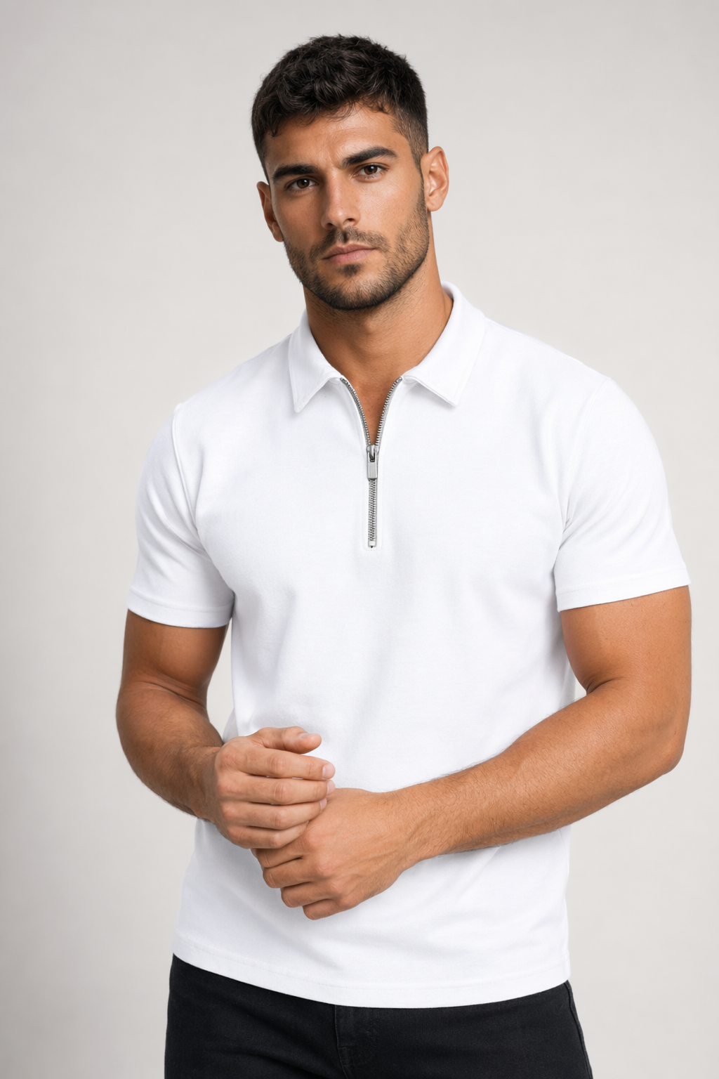 Zipper Polo Shirt for Men with Short Sleeves White