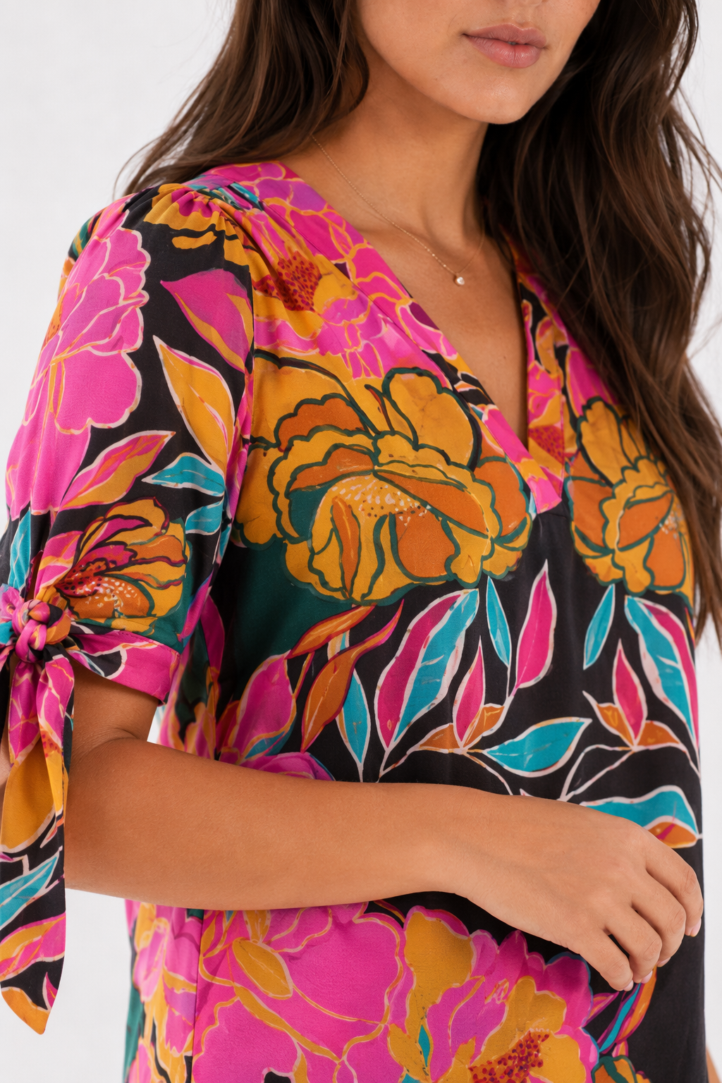 Summer Floral V Neck Top for Women with Vibrant Colors Pink