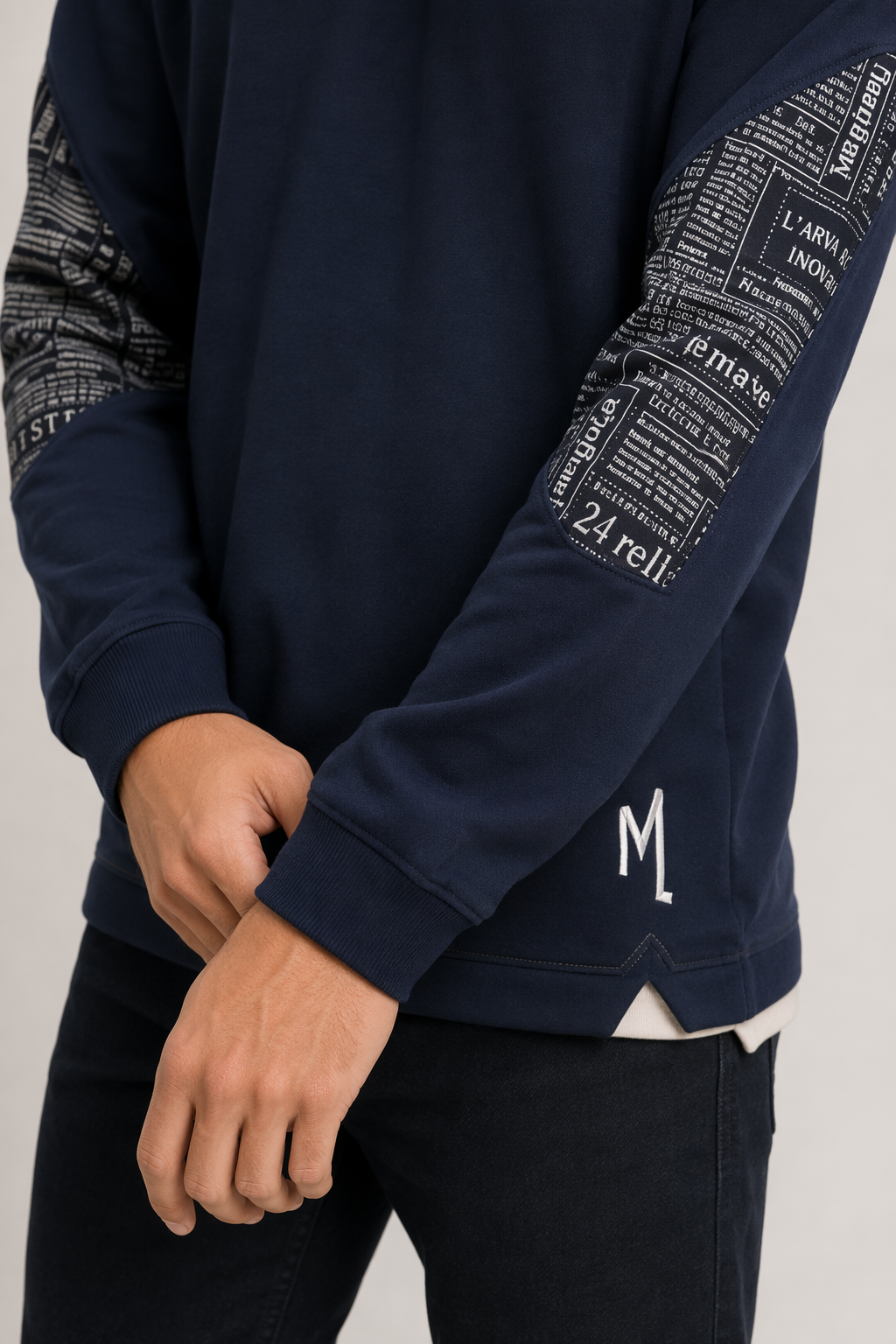 Layered Look Men's Sweatshirt with Elbow Prints Navy