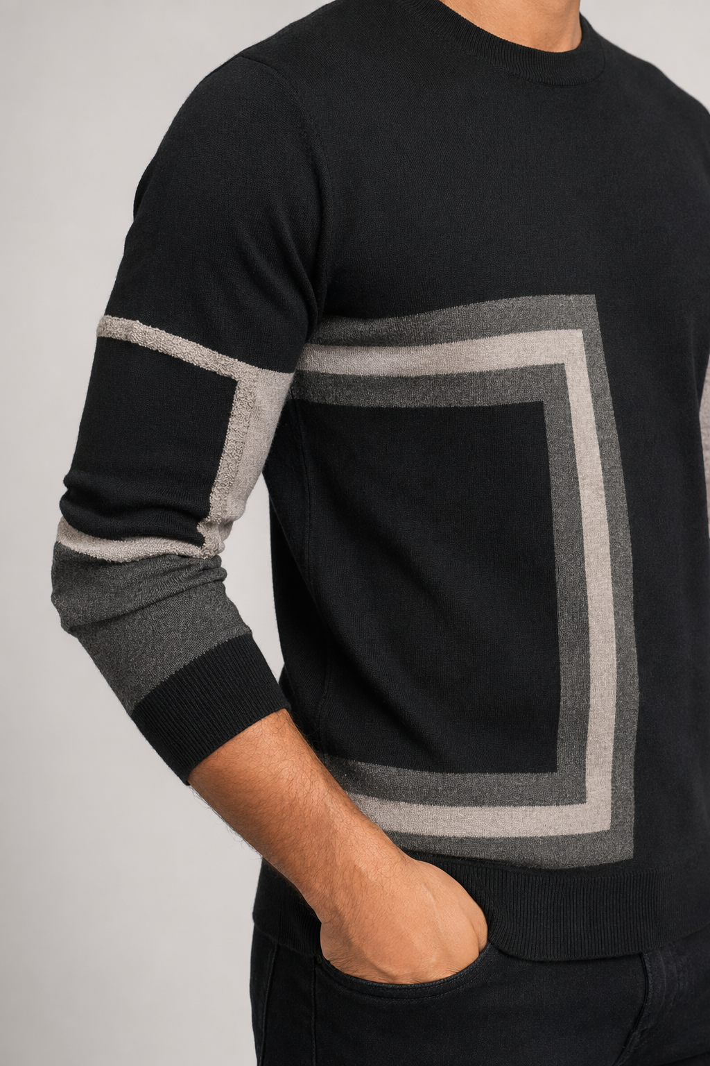 Printed Round Neck Men's Knit Sweater Khaki