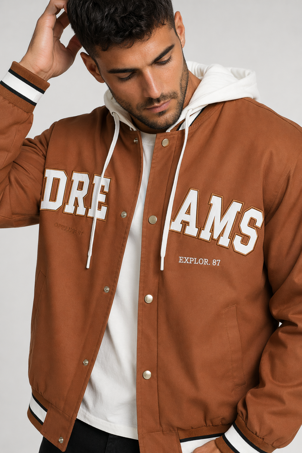Layered Appearance Men's Baseball Jacket Featuring a Hood Brown