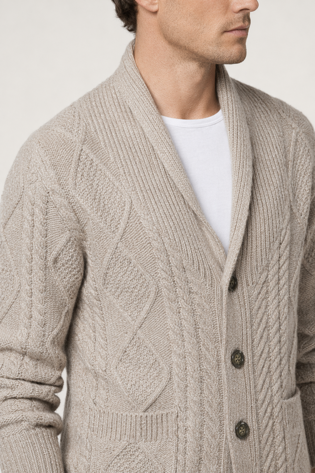Shawl Collar Men's Cable Knit Cardigan Beige