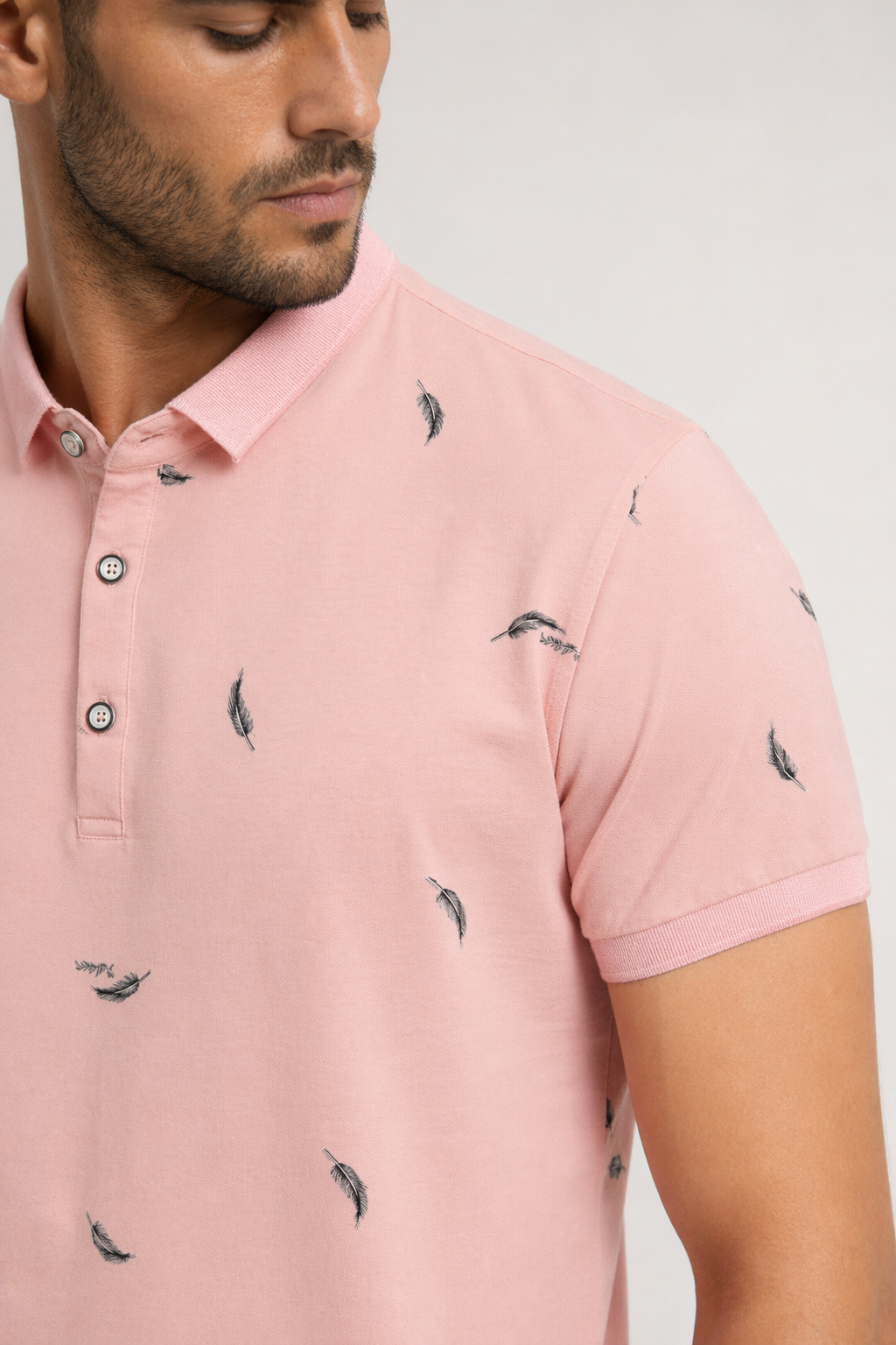 Feather Print Men's Polo Shirt - Short Sleeve Pink