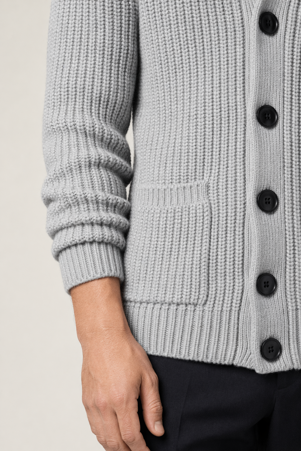 Chunky Knit Cardigan for Men with Shawl Neckline Light Gray