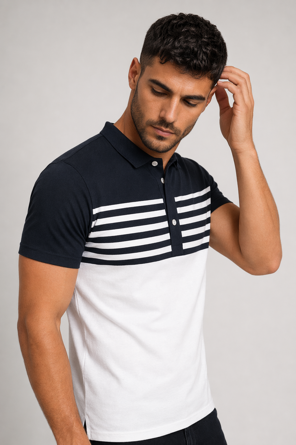 Two Tone Men's Slim Fit Polo Shirt with Stripes Navy