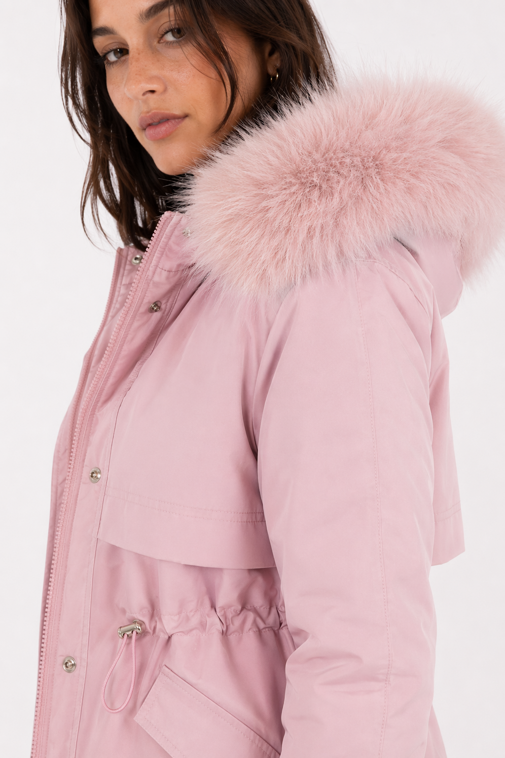 Faux Fur Hooded Women's Jacket with Adjustable Waist Tie Pink