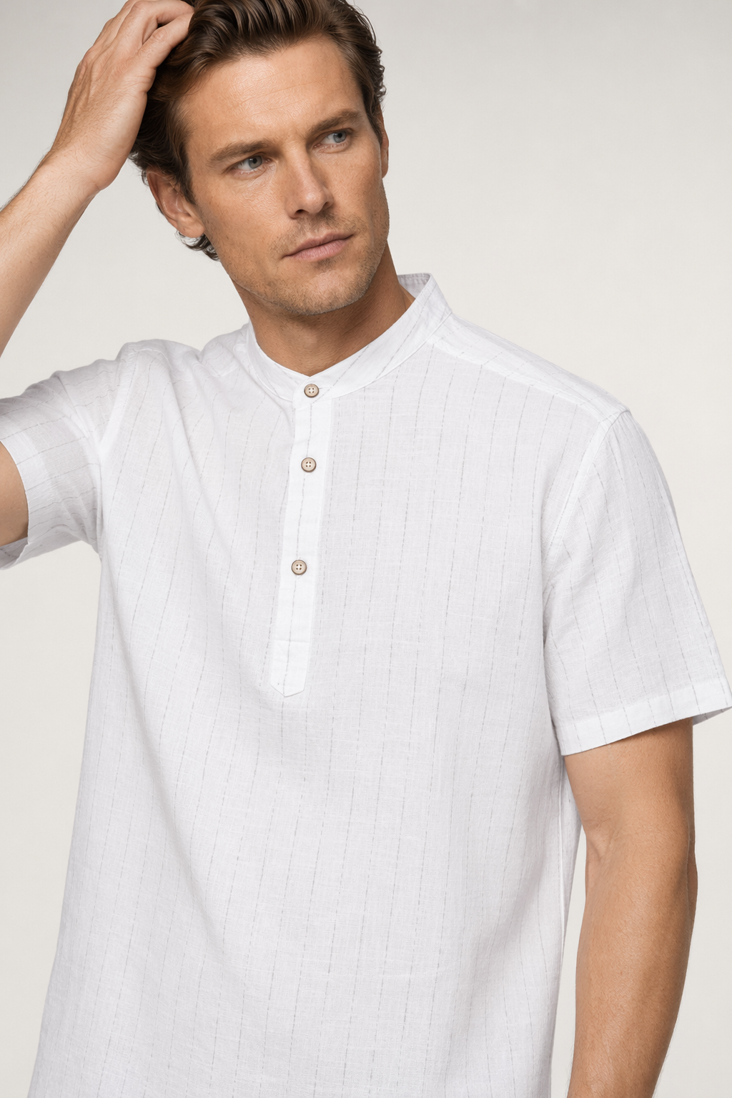 Short Sleeve Linen Striped Shirt for Men White