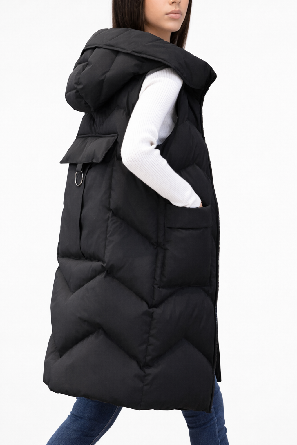 Long Quilted Women's Vest with Hood Black