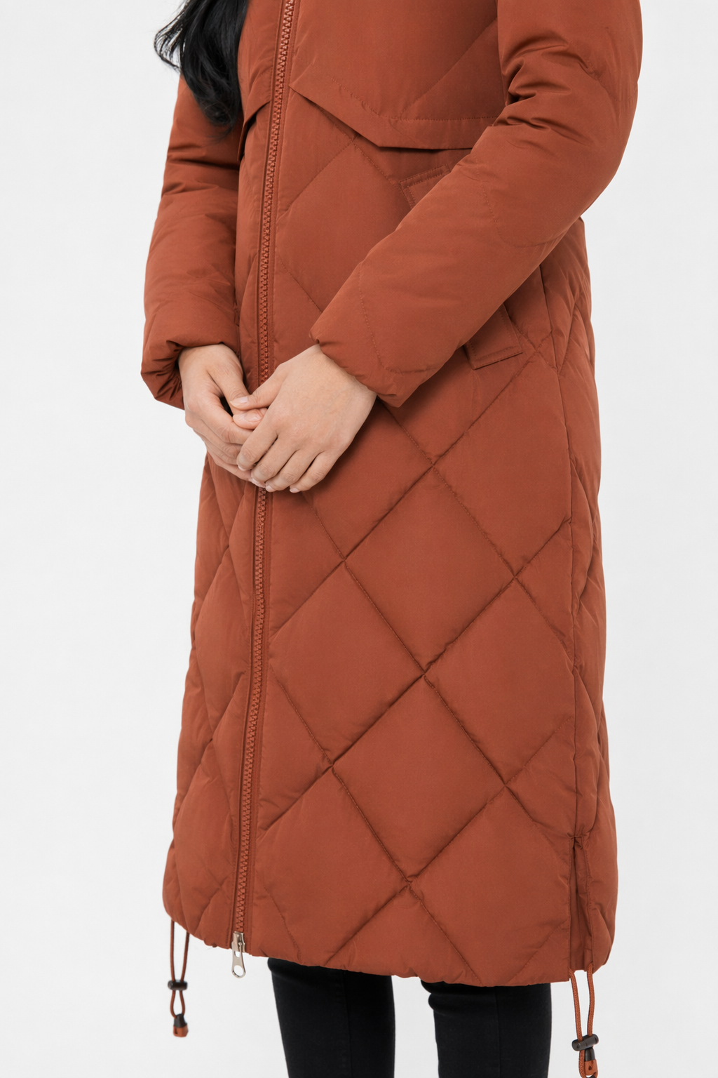 Long Coat for Women with a Hood Fur Trim and Zipper Closure Brown