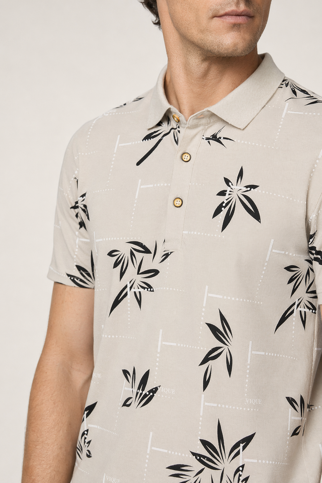 Polo Shirt for Men with Floral Patterns Beige