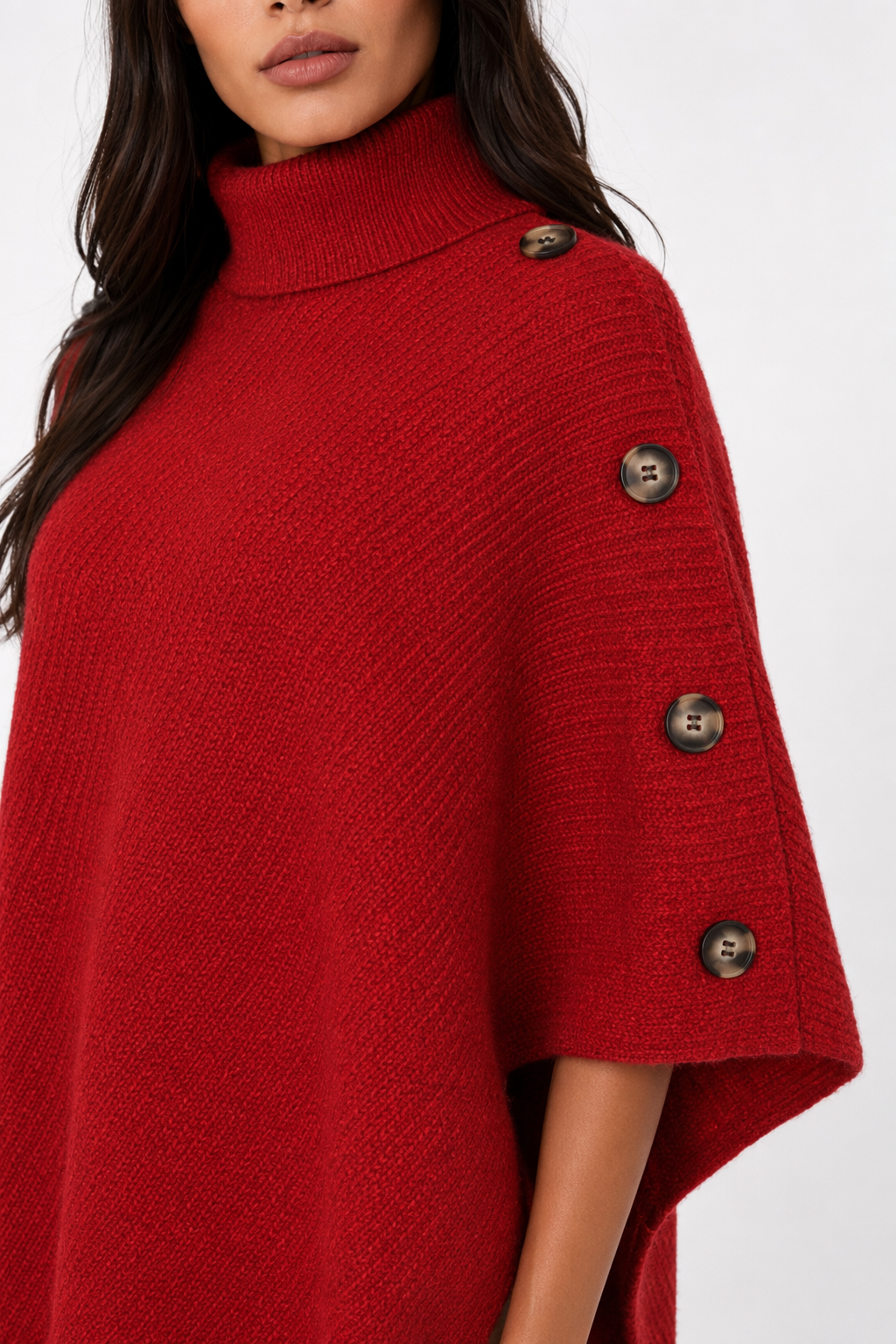 Side Button Detailed Turtleneck Poncho for Women Red