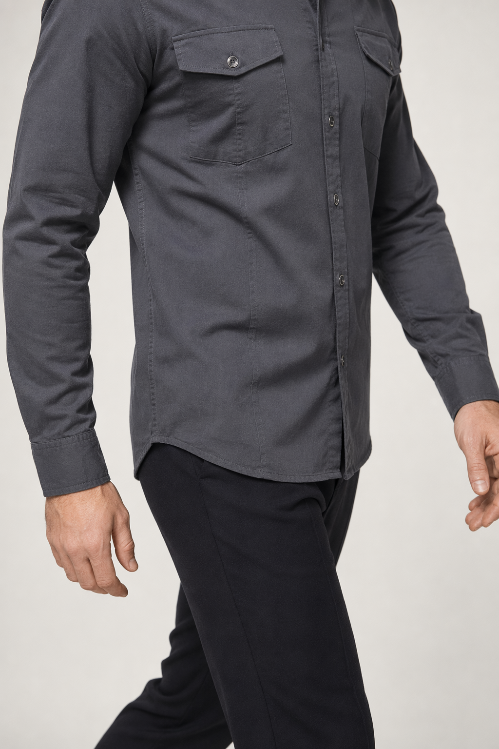 Long Sleeve Military Shirt with Dual Pockets for Men Dark Gray