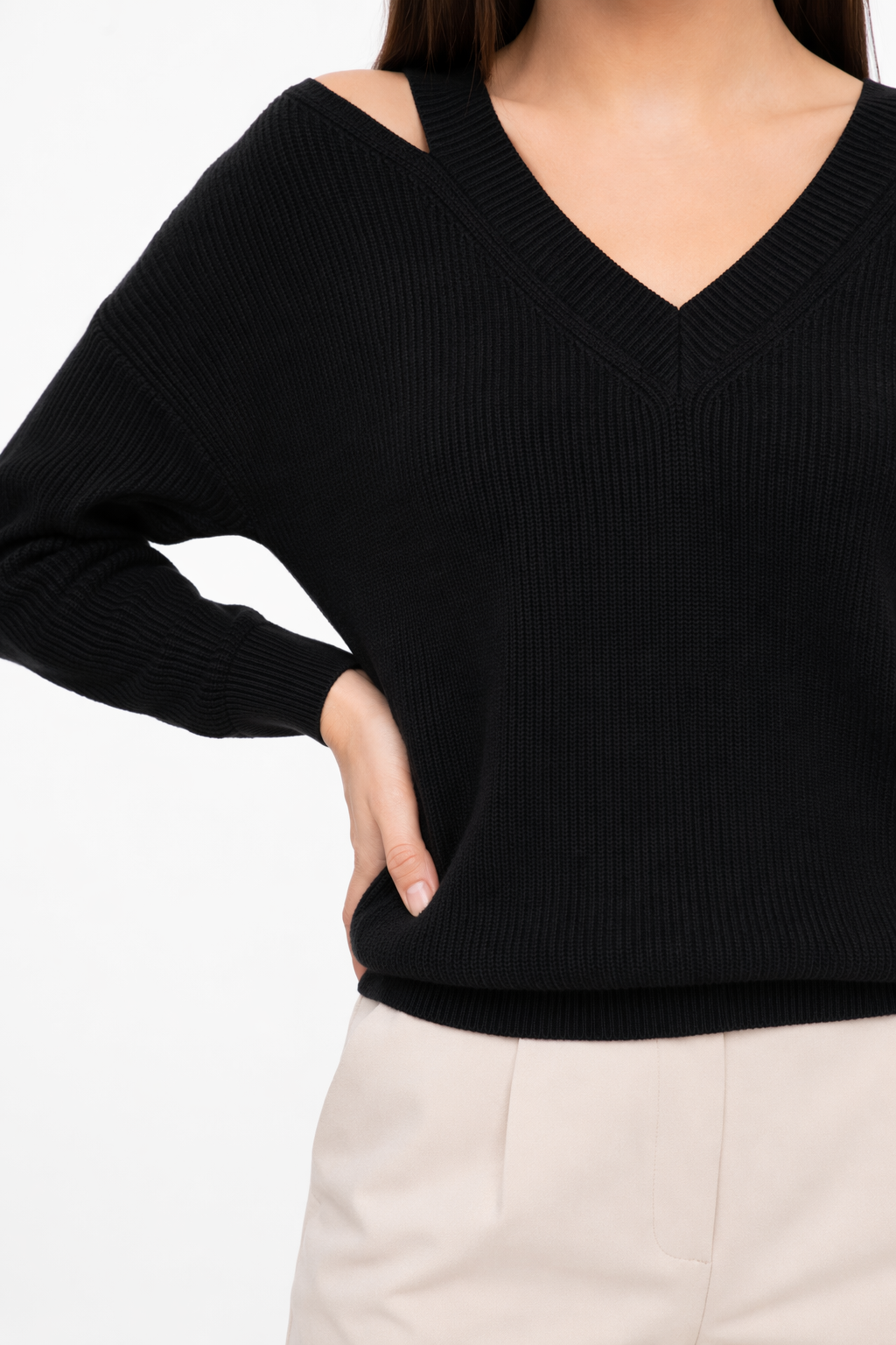 Cut V-Neck Sweater for Women Black