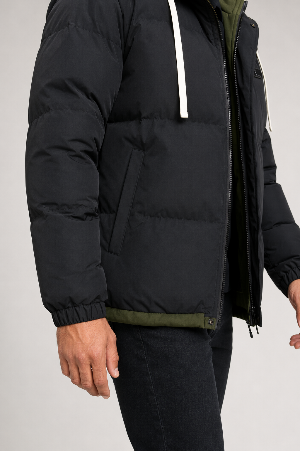Layered Appearance Men's Hooded Puffer Jacket Black