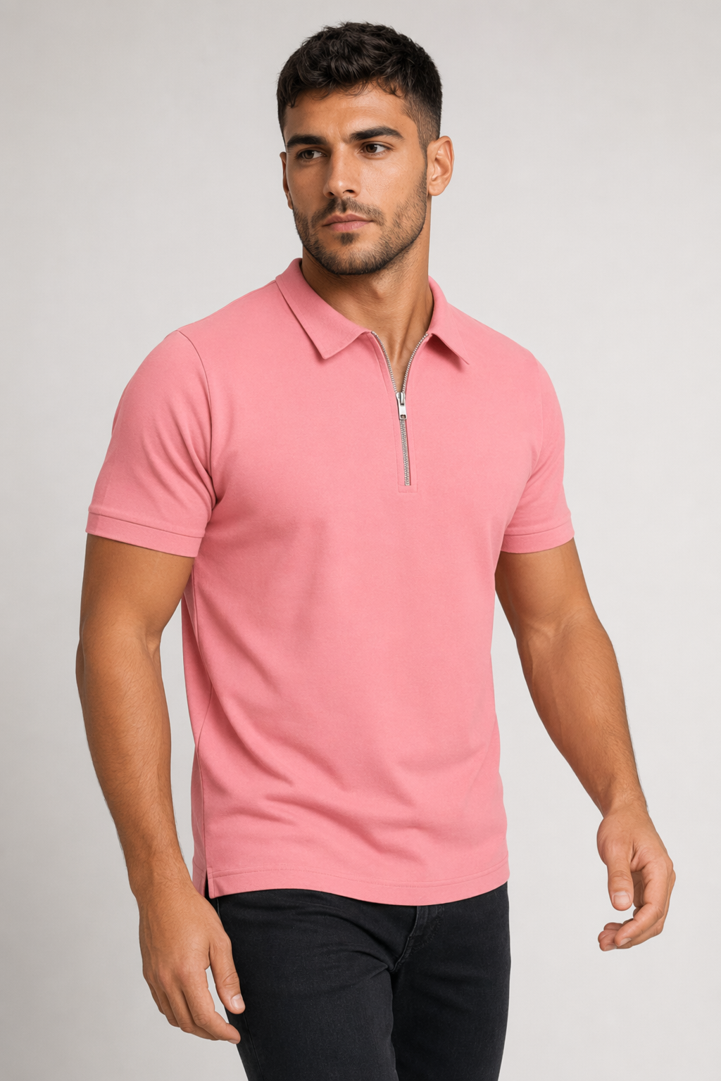 Zipper Polo Shirt for Men with Short Sleeves Pink