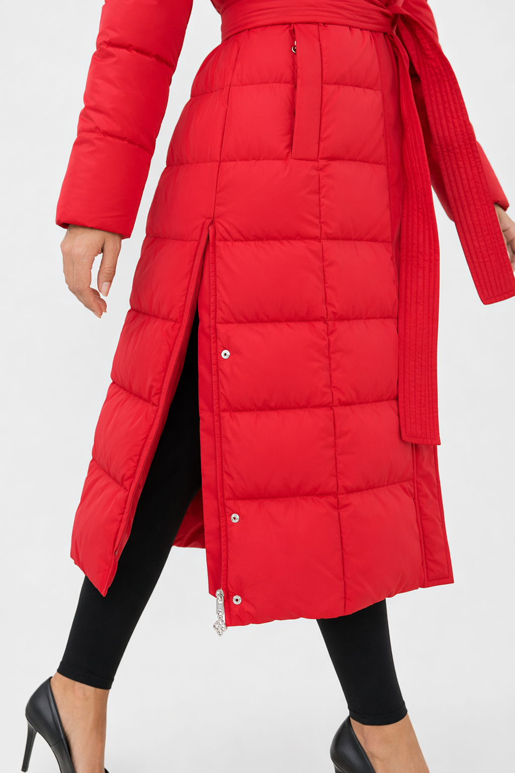 Long Coat for Women with Detachable Faux Fur Hood Red