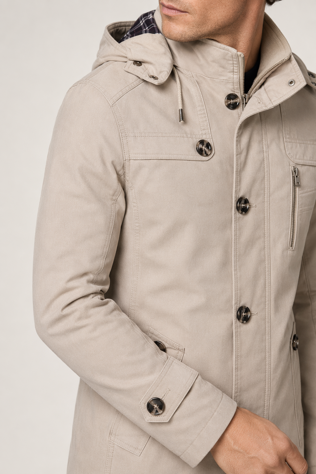 Winter Trench Coat with Mid Length and Hood for Men Beige