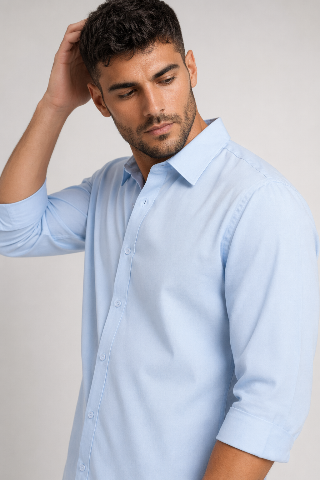 Button-Up Shirt for Men with Three-Quarter Sleeves Light Blue