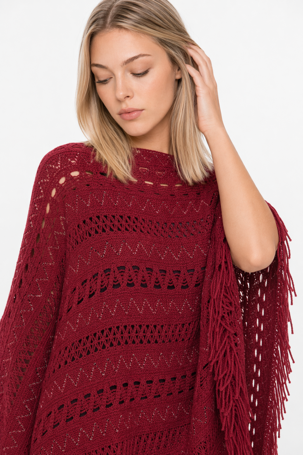 Knit Fringed Poncho for Women Wine