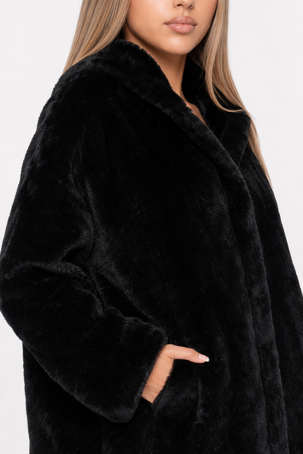 Faux Fur Coat for Women with Hood and Pockets Black