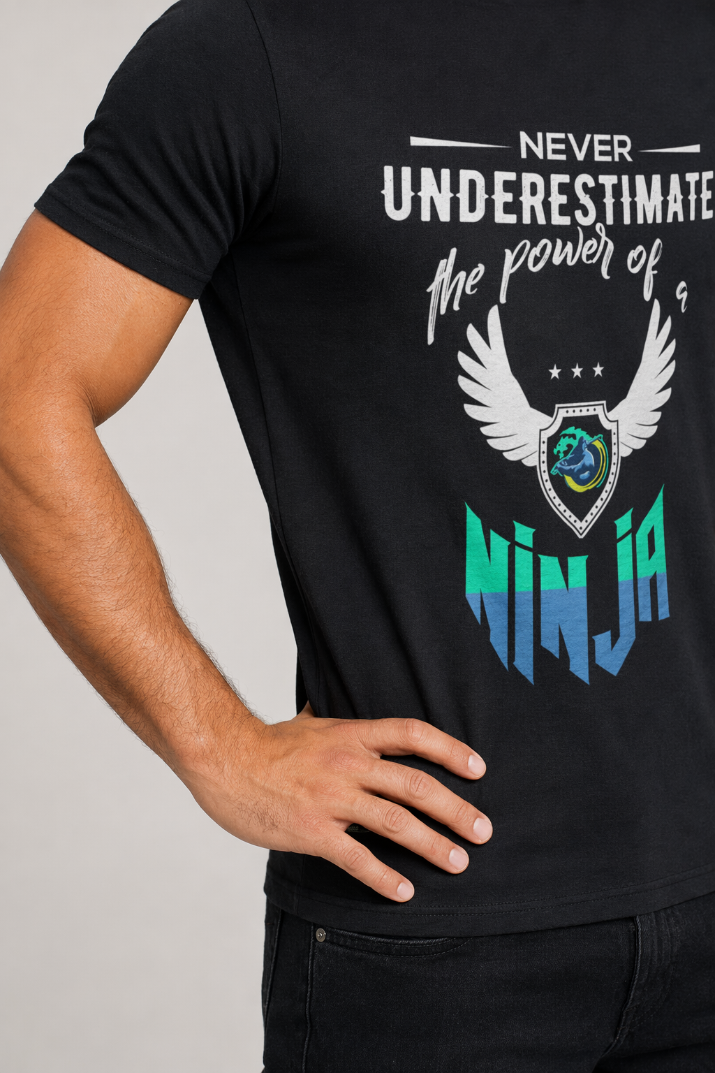Green Text Ninja Power Short Sleeve Tee Black