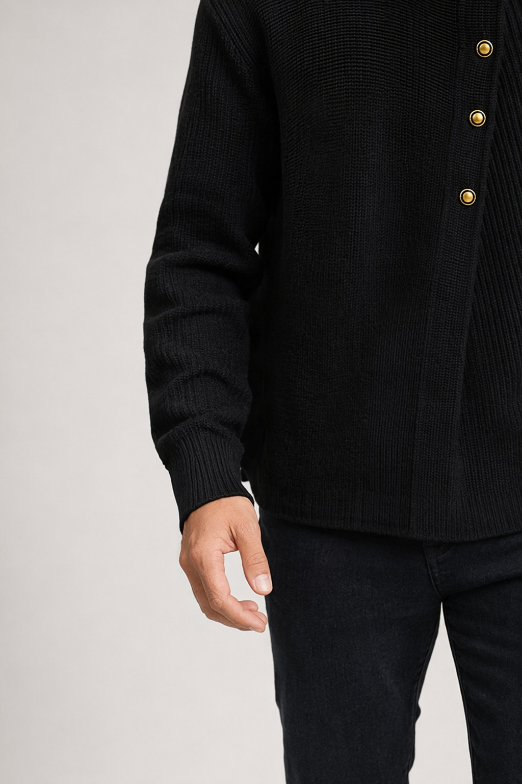 Buttoned Wrap Collar Sweater for Men with Stylish Details Black