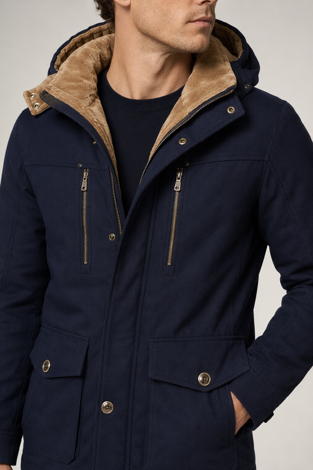 Hooded Winter Parka Coat for Men with Inner Fleece Navy