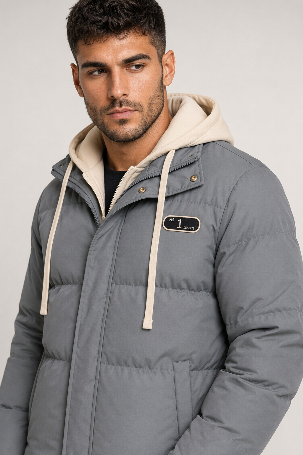 Layered Appearance Men's Hooded Puffer Jacket Gray