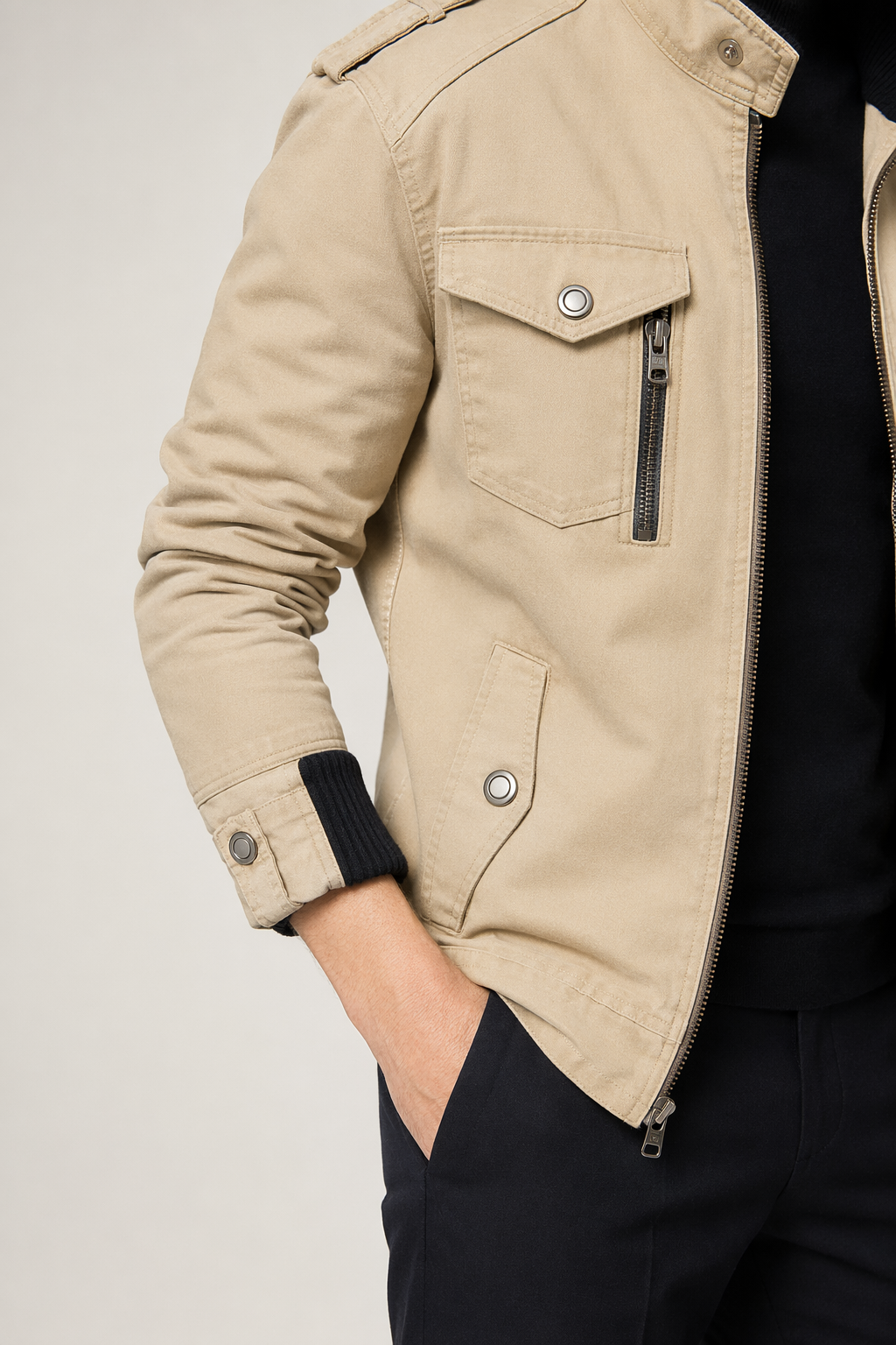 Casual Zipper Jacket for Men with Military-Inspired Look Beige