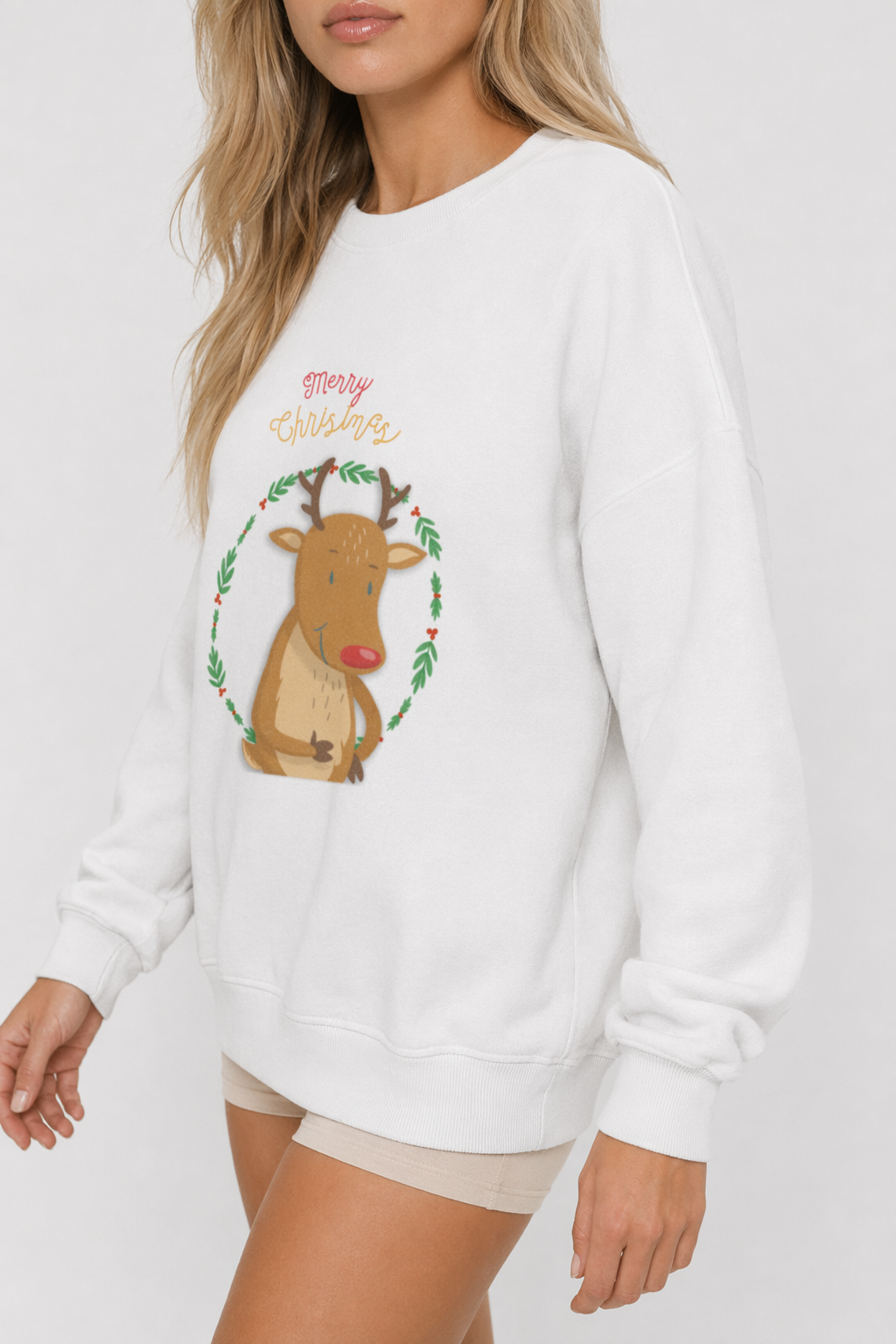 Reindeer Crewneck Sweatshirt for Women White